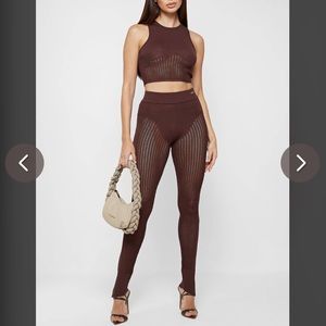 Maniere De Voir Knit Pants and Crop Top Set - Brown